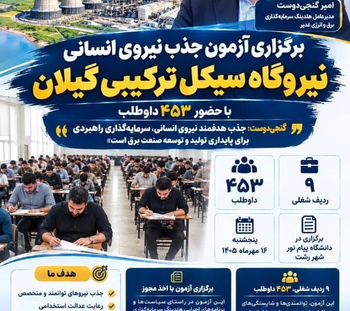 آزمون استخدامی نیروگاه گیلان با حضور ۴۵۳ داوطلب برگزار شد؛ تأکید بر شایستهگزینی و عدالت در جذب نیرو