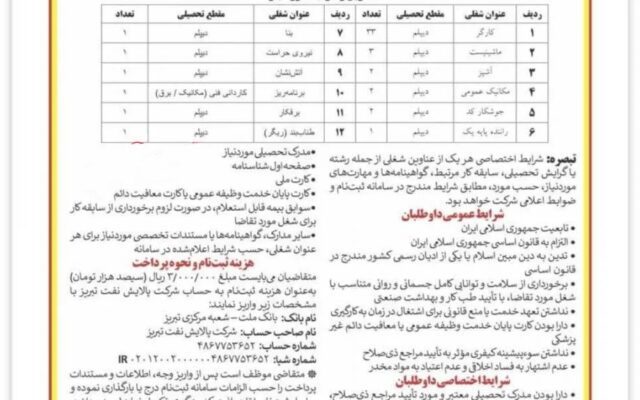 آغاز فرآیند جذب نیروی تماموقت در پالایشگاه نفت تبریز؛ جزئیات آگهی استخدام اعلام شد