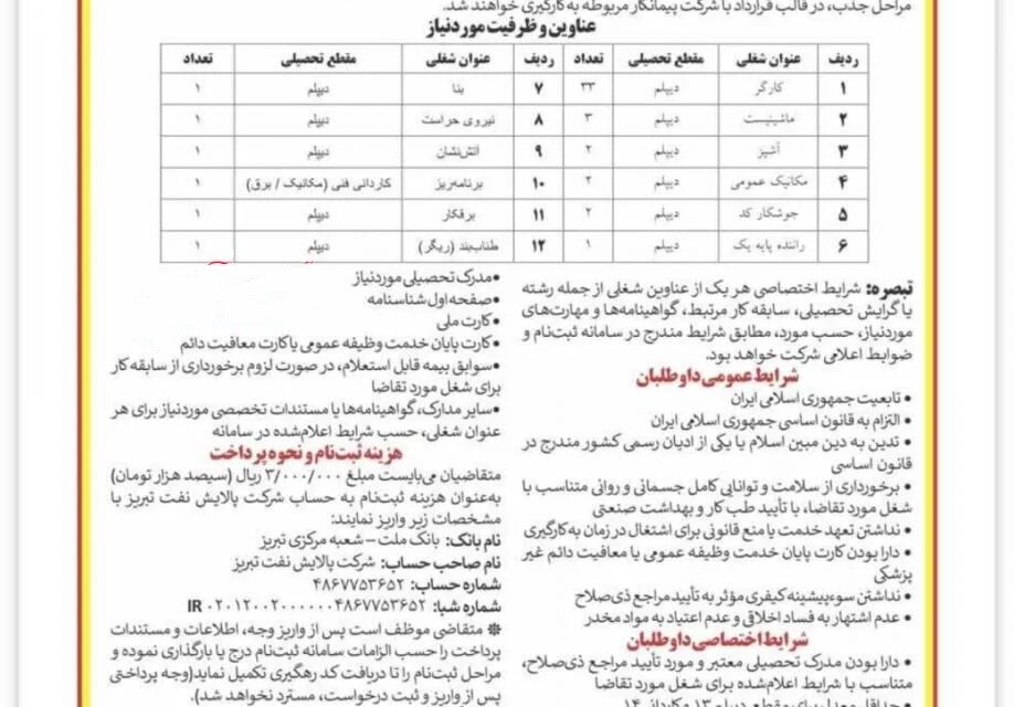 آغاز فرآیند جذب نیروی تمام‌وقت در پالایشگاه نفت تبریز؛ جزئیات آگهی استخدام اعلام شد